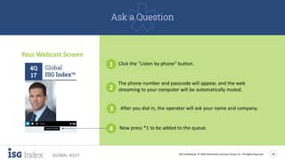 ISG Confidential. © 2018 Information Services Group, Inc. All Rights Reserved 20
GLOBAL 4Q17
Your Webcast Screen
1 Click the "Listen by phone“ button.
2
The phone number and passcode will appear, and the web
streaming to your computer will be automatically muted.
3 After you dial in, the operator will ask your name and company.
4 Now press *1 to be added to the queue.
Ask a Question
4Q
17
 