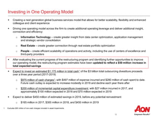 12
Investing in One Operating Model
 Creating a next generation global business services model that allows for better scalability, flexibility and enhanced
colleague and client experience
 Driving one operating model across the firm to create additional operating leverage and deliver additional insight,
connection and efficiency:
o Information Technology – create greater insight from data center optimization, application management
and strategic vendor consolidation
o Real Estate – create greater connection through real estate portfolio optimization
o People – create efficient scalability of operations and activity, including the use of centers of excellence and
third-party providers
 After evaluating the current progress of the restructuring program and identifying further opportunities to improve
our operating model, the restructuring program estimates have been updated to reflect a $50 million increase in
total expected savings
 Expect to invest an estimated $1,175 million in total cash1 of the $3 billion total outsourcing divestiture proceeds
over a three year period (2017-2019)
o $975 million of cash charges1; with $497 million of expense incurred and $280 million of cash spent to date.
Future cash outlay is expected to increase modestly in 2018 and decline each year there after
o $200 million of incremental capital expenditure investment; with $27 million incurred in 2017, and
approximately $100 million expected in 2018 and $70 million expected in 2019
 Expect to deliver $450 million of estimated savings in 2019, before any potential reinvestment
o $165 million in 2017, $300 million in 2018, and $450 million in 2019
1 Excludes $50 million of non-cash charges included in asset impairments.
 