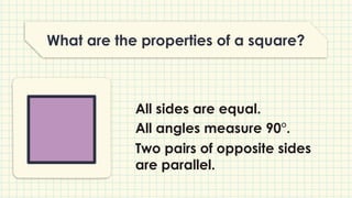 What are the properties of a square?
All sides are equal.
All angles measure 90°.
Two pairs of opposite sides
are parallel.
 
