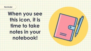 When you see
this icon, it is
time to take
notes in your
notebook!
Reminder
 