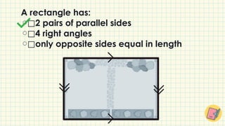 A rectangle has:
⃞2 pairs of parallel sides
⃞4 right angles
⃞only opposite sides equal in length
 