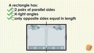 A rectangle has:
⃞2 pairs of parallel sides
⃞4 right angles
⃞only opposite sides equal in length
 