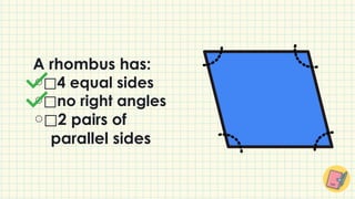 A rhombus has:
⃞4 equal sides
⃞no right angles
⃞2 pairs of
parallel sides
 
