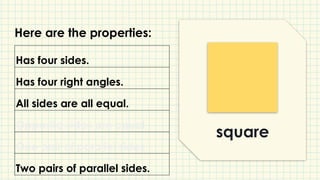 square
Has four sides.
Has four right angles.
All sides are all equal.
Opposite sides are equal.
One pair of parallel sides.
Two pairs of parallel sides.
Here are the properties:
 