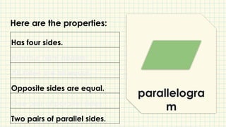 parallelogra
m
Has four sides.
Has four right angles.
All sides are all equal.
Opposite sides are equal.
One pair of parallel sides.
Two pairs of parallel sides.
Here are the properties:
 