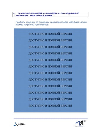 fffff
32
4. СРАВНЕНИЕ ПРОВАЙДЕРА «ПРОВАЙДЕР Х» СО СХОДНЫМИ ПО
ХАРАКТЕРИСТИКАМ ПРОВАЙДЕРАМИ
Профили сходных по основным характеристикам (абонбаза, доход,
размер покрытия) провайдеров:
ДОСТУПНО В ПОЛНОЙ ВЕРСИИ
ДОСТУПНО В ПОЛНОЙ ВЕРСИИ
ДОСТУПНО В ПОЛНОЙ ВЕРСИИ
ДОСТУПНО В ПОЛНОЙ ВЕРСИИ
ДОСТУПНО В ПОЛНОЙ ВЕРСИИ
ДОСТУПНО В ПОЛНОЙ ВЕРСИИ
ДОСТУПНО В ПОЛНОЙ ВЕРСИИ
ДОСТУПНО В ПОЛНОЙ ВЕРСИИ
ДОСТУПНО В ПОЛНОЙ ВЕРСИИ
ДОСТУПНО В ПОЛНОЙ ВЕРСИИ
ДОСТУПНО В ПОЛНОЙ ВЕРСИИ
ДОСТУПНО В ПОЛНОЙ ВЕРСИИ
 