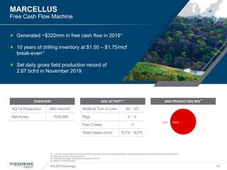 MARCELLUS
Free Cash Flow Machine
4Q 2019 Earnings 10
(1) Free cash flow defined as net revenue less all operating costs and capital expenditures, excluding general and administrative and interest expenses
(2) Assumes current drilling activity level
(3) Represents average net production volumes for 4Q’19
(4) Based on 2/26/20 Outlook
2020 ACTIVITY
(4)
Wells to Turn in Line 50 – 55
Rigs 2 – 3
Frac Crews ~1
Total Capex (mm) $175 – $215
OVERVIEW
4Q’19 Production 980 mmcf/d(3)
Net Acres ~538,000
Generated ~$320mm in free cash flow in 2019(1)
10 years of drilling inventory at $1.50 – $1.75/mcf
break-even(2)
Set daily gross field production record of
2.67 bcf/d in November 2019
2020 PRODUCTION MIX
(4)
Gas 100%
 