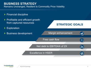 BUSINESS STRATEGY
Remains Unchanged, Resilient to Commodity Price Volatility
Financial discipline
Profitable and efficient growth
from captured resources
Exploration
Business development
4Q 2019 Earnings 3
STRATEGIC GOALS
Margin enhancement
Free cash flow
Net debt to EBITDAX of 2X
Excellence in HSER
 
