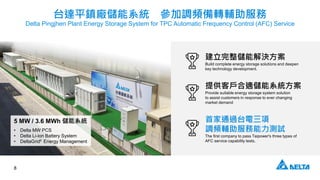 8
ܽQ
Build complete energy storage solutions and deepen
key technology development.
ṩ͑mϵy
Provide suitable energy storage system solution
to assist customers in response to ever changing
market demand
׼ͨ^̨
{loyԇ
The first company to pass Taipower's three types of
AFC service capability tests.
̨_ƽ悏Sϵy {lDo
Delta Pingjhen Plant Energy Storage System for TPC Automatic Frequency Control (AFC) Service
5 MW / 3.6 MWh ϵy
? Delta MW PCS
? Delta Li-ion Battery System
? DeltaGrid? Energy Management
 