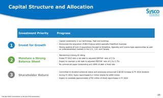 Capital Structure and Allocation
Investment Priority Progress
Invest for Growth
• Capital investments in our technology, fleet and buildings
• Announced the acquisition of BIX Produce within specialty FreshPoint business
• Strong pipeline of tuck-in acquisitions focused on Broadline, Specialty and Cuisine-type opportunities as well
as underpenetrated markets in the U.S., U.K. and Canada
Maintain a Strong
Balance Sheet
• Maintaining a strong IG rating
• Ended FY 2023 with a net debt to adjusted EBITDA1 ratio of 2.5x
• Expect to maintain a net debt to adjusted EBITDA1 ratio of 2.5x-2.75x
• No commercial paper outstanding and 100% of debt is fixed rate
Shareholder Return
• Committed to dividend aristocrat status and previously announced a $0.04 increase to FY 2024 dividend
• During FY 2023, Sysco repurchased 6.2 million shares for $500 million
• Expect to complete approximately $750 million of share repurchases in FY 2024
1
2
3
2
5
1 See Non-GAAP reconciliations at the end of the presentation.
25
1 See Non-GAAP reconciliations at the end of the presentation.
 