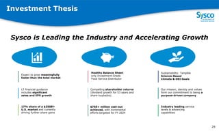 Investment Thesis
Sysco is Leading the Industry and Accelerating Growth
17% share of a $350B+
U.S. market and currently
driving further share gains
LT financial guidance
includes significant
sales and EPS growth
Our mission, identity and values
form our commitment to being a
purpose-driven company
Expect to grow meaningfully
faster than the total market
Industry leading service
levels & advancing
capabilities
Compelling shareholder returns
(dividend growth for 53 years and
share buybacks)
Healthy Balance Sheet:
only Investment-Grade
Food Service Distributor
Sustainability: Tangible
Science-Based
Climate & DEI Goals
$750+ million cost-out
achieved, with incremental
efforts targeted for FY 2024
29
 