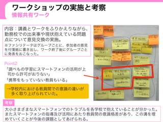 ワークショップの実施と考察
情報共有ワーク
内容：講義とワークをふりかえりながら、
勤務校での出来事や現状抱えている問題
点について意見交換の実施。
※ファシリテータはグループごとに、参加者の意見
を付箋紙に書き出し、ワーク終了後にグループごと
に発表をおこなった。
Point2
「調べもの学習にスマートフォンの活用が上
司から許可がおりない」
「携帯をもっていない教員もいる」
→学校内における教員間での意識の違いが
多く取り上げられていた。
大小さまざまなスマートフォンでのトラブルを各学校で抱えていることが分かった。
またスマートフォンの指導及び活用にあたり教員間の意識格差があり、この溝を埋
めていくことが今後の課題としてあげられる。
 