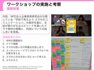 ワークショップの実施と考察
模擬授業
内容：NPO法人企業教育研究会が公開
している「学校で考えよう スマホのコ
ミュニケーション」の教材を基に、生
徒が陥りがちなエピソードを描いたド
ラマ教材の視聴と、内容についての話
し合いを実施。
模擬授業の流れ
1.  本時の課題提示
2.  ドラマ視聴
3.  スマホの使い方の問題点を話し合う
4.  メッセンジャーアプリでのトラブルへの
対策を考える
5.  スマホとの付き合い方について考える
6.  ふりかえり
NPO 	
 ,% ,%
h'p://ace.npo.org/info/kangaeyou/kyouzai/kangaeyou4.html
 