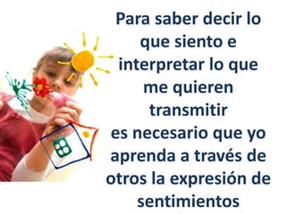 Para saber decir lo
que siento e
interpretar lo que
me quieren
transmitir
es necesario que yo
aprenda a través de
otros la expresión de
sentimientos
 