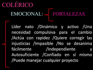 EMOCIONAL:
COLÉRICO
Líder nato /Dinámico y activo /Una
necesidad compulsiva para el cambio
/Actúa con rapidez /Quiere corregir las
injusticias /Impasible /No se desanima
fácilmente /Independiente y
Autosuficiente /Confiado en sí mismo
/Puede manejar cualquier proyecto
FORTALEZAS
 