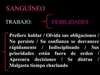 TRABAJO:
SANGUÍNEO
Prefiere hablar / Olvida sus obligaciones /
No persiste / Su confianza se desvanece
rápidamente / Indisciplinado / Sus
prioridades están fuera de orden /
Apresura decisiones / Se distrae /
Malgasta tiempo charlando
DEBILIDADES
 