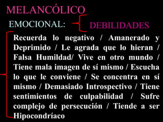 EMOCIONAL:
MELANCÓLICO
Recuerda lo negativo / Amanerado y
Deprimido / Le agrada que lo hieran /
Falsa Humildad/ Vive en otro mundo /
Tiene mala imagen de sí mismo / Escucha
lo que le conviene / Se concentra en sí
mismo / Demasiado Introspectivo / Tiene
sentimientos de culpabilidad / Sufre
complejo de persecución / Tiende a ser
Hipocondríaco
DEBILIDADES
 