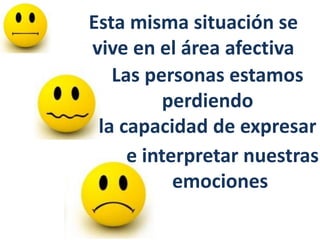 Esta misma situación se
vive en el área afectiva
e interpretar nuestras
emociones
Las personas estamos
perdiendo
la capacidad de expresar
 