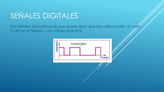 SEÑALES DIGITALES 
Son señales discontinuas lo que quiere decir que dan saltos entrer un valor 
y otro en el tiempo y sus valores se limitan. 
 