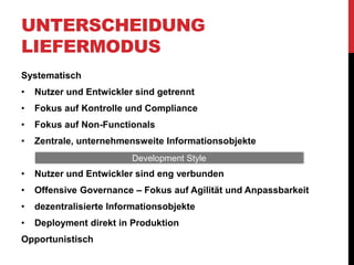 UNTERSCHEIDUNG
LIEFERMODUS
Systematisch
• Nutzer und Entwickler sind getrennt
• Fokus auf Kontrolle und Compliance
• Fokus auf Non-Functionals
• Zentrale, unternehmensweite Informationsobjekte
• Nutzer und Entwickler sind eng verbunden
• Offensive Governance – Fokus auf Agilität und Anpassbarkeit
• dezentralisierte Informationsobjekte
• Deployment direkt in Produktion
Opportunistisch
Development Style
 