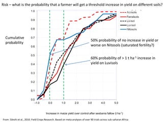 0.0
0.1
0.2
0.3
0.4
0.5
0.6
0.7
0.8
0.9
1.0
-1.0 0.0 1.0 2.0 3.0 4.0 5.0
Increase in maize yield over control after sesbania fallow (t ha-1)
Cumulative
probability
From: Sileshi et al., 2010. Field Crops Research. Based on meta analyses of over 90 trials across sub-saharan Africa
50% probability of no increase in yield or
worse on Nitosols (saturated fertility?)
Risk – what is the probability that a farmer will get a threshold increase in yield on different soils?
60% probability of > 1 t ha-1 increase in
yield on Luvisols
 