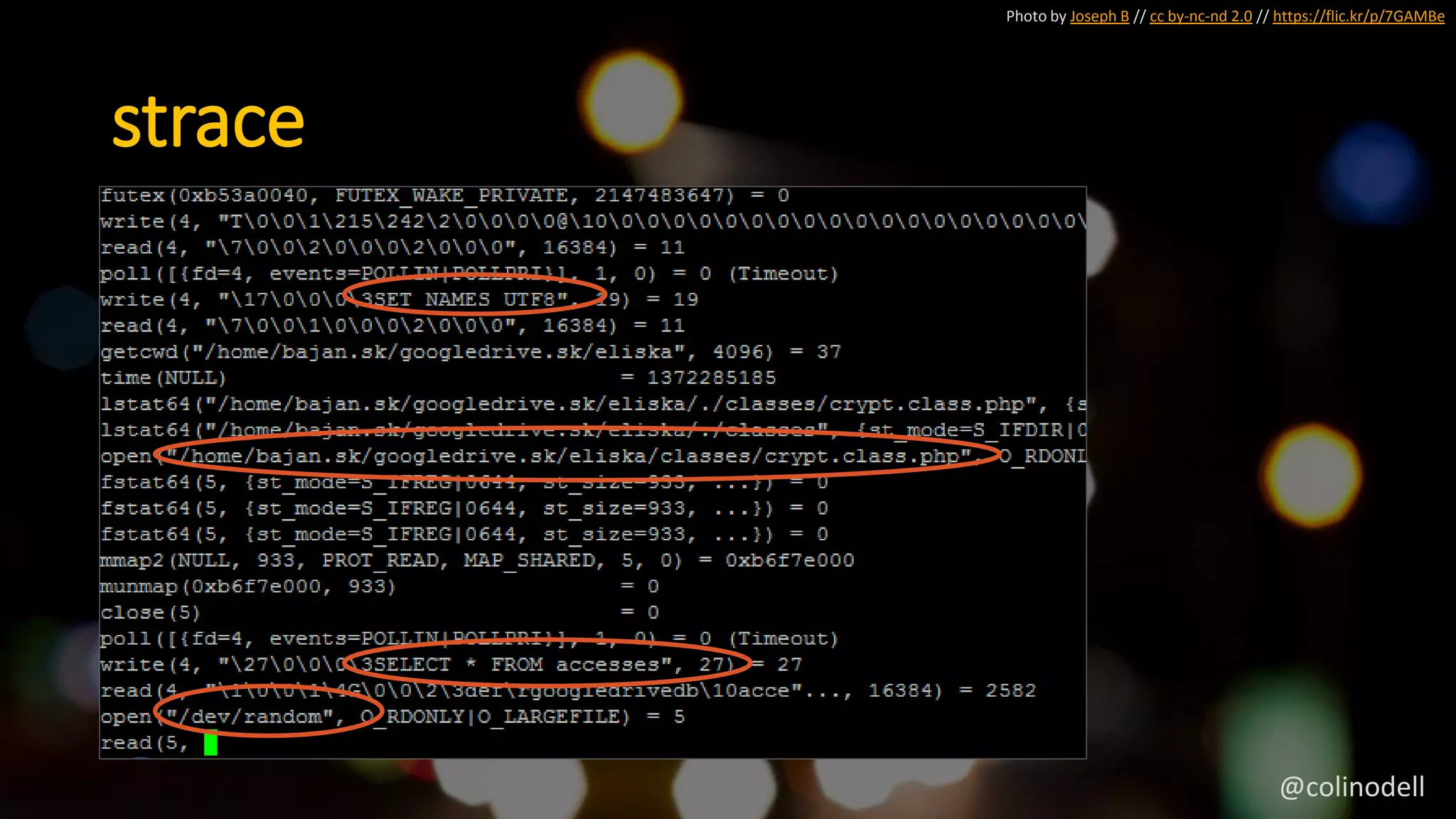 Photo by Joseph B // cc by-nc-nd 2.0 // https://flic.kr/p/7GAMBe
strace
@colinodell
 