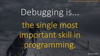 Debugging is...
Photo by Ewan Cross // cc by-nc-nd 2.0 // https://flic.kr/p/7MCt3m
the single most
important skill in
prog...