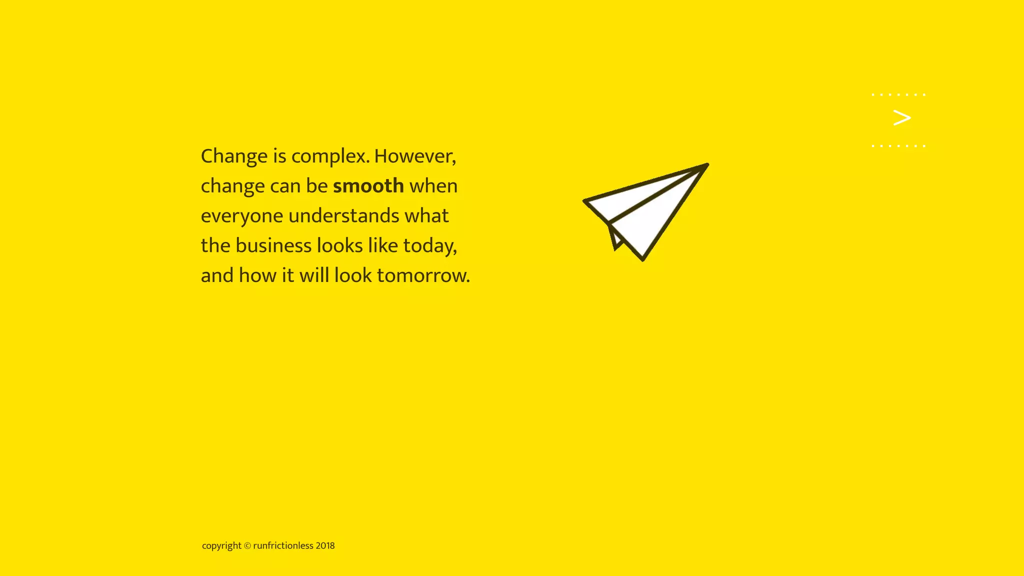 copyright © runfrictionless 2018
>
Change is complex. However,
change can be smooth when
everyone understands what
the business looks like today,
and how it will look tomorrow.
 