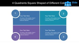 4 Quadrants Square Shaped of Different Color
Your Text Here
This slide is 100% editable. Adapt it
to your needs and capture your
audience's attention.
1
Your Text Here
This slide is 100% editable. Adapt it
to your needs and capture your
audience's attention.
4
Your Text Here
This slide is 100% editable. Adapt it
to your needs and capture your
audience's attention.
3
Your Text Here
This slide is 100% editable. Adapt it
to your needs and capture your
audience's attention.
2
 
