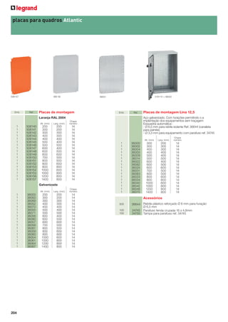 204
Emb. Ref. Placas de montagem
Laranja RAL 2004
Chapa
númeroAlt. (mm) Larg. (mm)
1 506140 200 200 14
1 506141 300 200 14
1 506142 300 300 14
1 506143 400 300 14
1 506144 400 400 14
1 506145 500 400 14
1 506146 500 500 14
1 506147 600 400 14
1 506148 600 500 14
1 506149 600 600 14
1 506150 700 500 14
1 506151 800 500 14
1 506152 800 600 14
1 506153 800 800 14
1 506154 1000 600 14
1 506155 1000 800 14
1 506156 1200 800 14
1 506157 1400 800 14
Galvanizada
Alt. (mm) Larg. (mm)
Chapa
número
1 36003 200 200 14
1 36050 300 200 14
1 36069 300 300 14
1 36052 400 300 14
1 36070 400 400 14
1 36055 500 400 14
1 36071 500 500 14
1 36056 600 400 14
1 36080 600 500 14
1 36057 600 600 14
1 36058 700 500 14
1 36081 800 500 14
1 36059 800 600 14
1 36060 800 800 14
1 36054 1000 600 14
1 36061 1000 800 14
1 36064 1200 800 14
1 36067 1400 800 14
Emb. Ref. Placas de montagem Lina 12,5
Aço galvanizado. Com furações permitindo o a
implantação dos equipamentos sem traçagem
Esquadria automática :
- Ø 6,5 mm para rebite isolante Ref. 36644 (canaleta
para painéis)
- Ø 3,3 mm para equipamento com parafuso ref. 34745
Alt. (mm) Larg. (mm)
Chapa
número
1 36000 300 200 14
1 36002 300 300 14
1 36004 400 300 14
1 36005 400 400 14
1 36009 500 400 14
1 36014 500 500 14
1 36022 600 400 14
1 36082 600 500 14
1 36024 600 600 14
1 36031 700 500 14
1 36083 800 500 14
1 36033 800 600 14
1 36034 800 800 14
1 36040 1000 600 14
1 36042 1000 800 14
1 36046 1200 800 14
1 36075 1400 800 14
Acessórios
500
100
100
36644
34745
34750
Rebite plástico reforçado Ø 6 mm para furação
Ø 6,5 mm
Parafuso fenda cruzada 16 x 4,8mm
Tampa para parafuso ref. 34745
placas para quadros Atlantic
360 58 36031 516110 + 36022506147
 