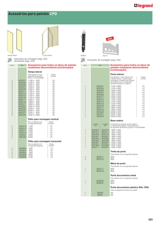 223
Emb. Ref.Emb. Ref.
Acessórios para painéis CPD
Acessórios para todos os tipos de painéis
modulares desmontáveis (continuação)
Tampa lateral
Para painéis com as Chapa
seguintes dimensões número
(Altura x Profundidade):
2 905201 1100 x 400 16
2 905203 1300 x 400 16
2 905205 1300 x 600 16
2 905207 1500 x 400 16
2 905209 1500 x 600 16
2 905211 1700 x 400 16
2 905213 1700 x 600 16
2 905215 1700 x 800 16
2 905216 1700 x 1000 16
2 905217 1900 x 400 16
2 905219 1900 x 600 16
2 905221 1900 x 800 16
2 905222 1900 x 1000 16
2 905223 2200 x 400 16
2 905225 2200 x 600 16
2 905227 2200 x 800 16
2 905228 2200 x 1000 16
Trilho para montagem vertical
Para os painéis com Chapa
as seguintes alturas: número
2 905513 1100 13
2 905515 1300 13
2 905517 1500 13
2 905519 1700 13
2 905521 1900 13
2 905523 2200 13
Trilho para montagem horizontal
Para os painéis com Chapa
as seguintes larguras: número
2 905604 500 13
2 905601 600 13
2 905603 800 13
2 905608 1000 13
2 905605 1200 13
Porta interna
Acompanha 1 porta interna com Chapa
2 fechos fenda, 1 quadro para número
montagem e material para ﬁxação.
Para painéis com as seguintes
dimensões (Altura x Largura):
1 905301 1100 x 600 14
1 905303 1100 x 800 14
1 905305 1300 x 600 14
1 905307 1300 x 800 14
1 905309 1500 x 600 14
1 905311 1500 x 800 14
1 905312 1700 x 500 14
1 905313 1700 x 600 14
1 905315 1700 x 800 14
1 905316 1900 x 500 14
1 905317 1900 x 600 14
1 905319 1900 x 800 14
1 905320 2200 x 500 14
1 905321 2200 x 600 14
1 905323 2200 x 800 14
Base soleira
modular modular Composta por tampas frontal e lateral,
100 200 e material para ﬁxação. Para painéis com
as seguintes dimensões (Largura x Profundidade):
1 905355 905375 600 x 400
1 905357 905377 600 x 600
1 905359 905379 600 x 800
1 905361 905381 800 x 400
1 905363 905383 800 x 600
1 905365 905385 800 x 800
1 905367 905387 1200 x 400
1 905369 905389 1200 x 600
1 905371 905391 1200 x 800
Tireta da porta
Para painéis com as seguintes larguras:
4 905571 600
4 905573 800
Mesa da porta
Para painéis com as seguintes larguras:
1 905577 600
1 905579 800
Porta documentos metal
Para painéis com as seguintes larguras:
1 905635 600
1 905637 800
Porta documentos plástico RAL 7035
Para os seguintes tamanhos de papel:
1 36580 A4
1 36581 A5
porta internatampa lateral
Instruções de montagem (pág. 232)
Dimensões (pág. 225)
Instruções de montagem (pág. 232)
Acessórios para todos os tipos de
painéis modulares desmontáveis
(continuação)
989527 365 81
NOVO
 