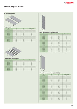 225
Acessórios para painéis
■ Dimensões (mm)
Tampa inferior
Ref. A B Chapa número
905261 450 297 16
905263 450 497 16
905265 450 697 16
905267 662 297 16
905269 662 497 16
905271 662 697 16
905272 662 662 16
905273 1050 297 16
905275 1050 497 16
905277 1050 697 16
905278 1050 897 16
Tampa inferior prensa cabos
Ref. A B Chapa número
905581 450 310 16
905583 450 510 16
905585 450 710 16
905587 662 310 16
905589 662 510 16
905591 662 710 16
905593 1050 310 16
905595 1050 510 16
905597 1050 710 16
Placa de montagem - pré-galvanizada
Ref. A B Chapa número
906680 1615 445 12
906681 1615 545 12
906682 1615 745 12
906683 1615 945 12
906684 1615 1145 12
906685 1815 445 12
906686 1815 545 12
906687 1815 745 12
906688 1815 945 12
906689 1815 1145 12
906690 2115 445 12
906691 2115 545 12
906692 2115 745 12
906693 2115 945 12
906695 2115 1145 12
Placa de montagem - laranja (RAL 2004)
Ref. A B Chapa número
905231 1015 545 13
905233 1015 745 13
905235 1215 545 13
905237 1215 745 13
905239 1415 545 13
905241 1415 745 13
905242 1615 445 13
905243 1615 545 13
905245 1615 745 13
905246 1615 945 13
905247 1615 1145 13
905248 1815 445 13
905249 1815 545 13
905251 1815 745 13
905252 1815 945 13
905253 1815 1145 13
905254 2115 445 13
905255 2115 545 13
905257 2115 745 13
905256 2115 945 13
905259 2115 1145 13
 