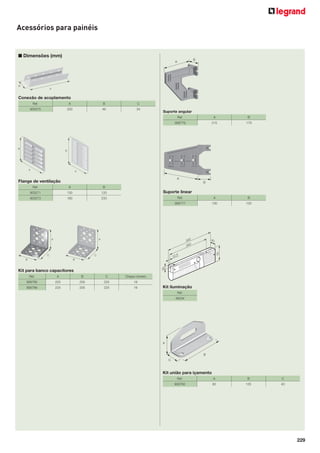 229
Acessórios para painéis
■ Dimensões (mm)
Conexão de acoplamento
Ref. A B C
905575 200 46 34
Suporte angular
Ref. A B
906776 215 179
Suporte linear
Ref. A B
906777 130 120
Flange de ventilação
Ref. A B
903271 130 120
903273 180 233
Kit para banco capacitores
Ref. A B C Chapa número
906765 225 205 225 16
906766 225 205 225 16 Kit iluminação
Ref.
48234
Kit união para içamento
Ref. A B C
906760 60 125 40
300
12,5
345
20
91
40
 