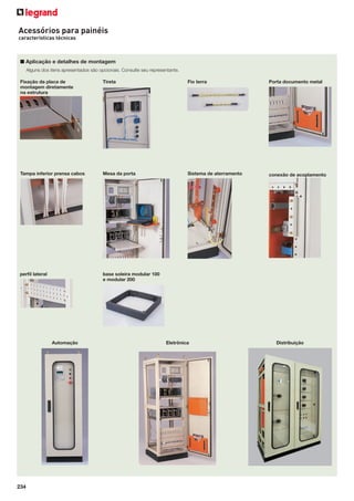234
Acessórios para painéis
características técnicas
■ Aplicação e detalhes de montagem
Fixação da placa de
montagem diretamente
na estrutura
Tireta Fio terra
Tampa inferior prensa cabos Mesa da porta Sistema de aterramento
Porta documento metal
Alguns dos itens apresentados são opcionais. Consulte seu representante.
conexão de acoplamento
perﬁl lateral base soleira modular 100
e modular 200
Automação Eletrônica Distribuição
 