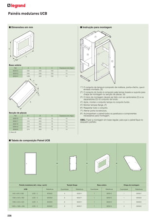 236
Painéis modulares UCB
■ Dimensões em mm
Secção de placas
Ref. A * B C Espessura da chapa
909516 74 450 15 14
909517 124 450 15 14
909518 174 450 15 14
909519 224 450 15 14
909520 274 450 15 14
(*) Área útil
Base soleira
Ref. A B C Espessura da chapa
905912 540 340 100 14
905913 540 500 100 14
905914 1080 340 100 14
■ Instrução para montagem
1°) O conjunto da tampa é composto de moldura, porta e fecho, que é
enviado montado. (E)
2º) O conjunto do fundo é composto pela tampa traseira e suporte para
chapa de montagem ou secção de placas. (A)
3º) O início da montagem deverá ser feito com as cantoneiras (C) e os
separadores (D) no conjunto de fundo.
4º) Após, montar o conjunto tampa no conjunto fundo.
5º) Montar tampas ﬂange. (F)
6º) Reapertar todo o conjunto.
7º) Aterrar porta na estrutura.
8º) Acompanham o painel todos os parafusos e componentes
necessários para montagem.
OBS.: Fazer a montagem em base regular, para que o painel ﬁque no
esquadro perfeito.
Painéis modulares (alt. x larg. x prof.) Tampla ﬂange Base soleira Chapa de montagem
UCB Referência Quantidade Referência Quantidade Referência Quantidade Referência
540 x 540 X 360 UCB - 2 905902 4 905911 1 905912 1 905921
1080 x 540 x 360 UCB - 3 905903 6 905911 1 905912 1 905922
1080 x 540 x 520 UCB - 4 905904 6 905911 1 905913 1 905922
1080 x 1080 x 360 UCB - 5 905905 8 905911 1 905914 2 905922
■ Tabela de composição Painel UCB
+ +=
 