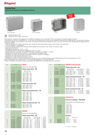 192
Emb. Ref.
Cemarbox
caixas de derivação para instalações elétricas
Emb. Ref. CBOX
Caixas sem embutes IP66
Tampa opaca baixa - OB
CBOX CBOX Dimensões (mm)
Alternativa Alt x Larg x Prof
8 914001 914051 100 x 100 x 50
8 914002 914052 120 x 80 x 50
4 914003 914053 150 x 110 x 70
4 914004 914054 190 x 140 x 70
2 914005 914055 240 x 190 x 90
1 914007 914057 300 x 220 x 120 *
1 914009 914059 380 x 300 x 120 *
Tampa opaca alta - OA
2 914006 914056 240 x 190 x 125
1 914008 914058 300 x 220 x 170 *
1 914010 914060 380 x 300 x 170 *
Tampa transparente baixa - TB
8 914011 – 100 x 100 x 50
8 914012 – 120 x 80 x 50
4 914013 – 150 x 110 x 70
4 914014 – 190 x 140 x 70
2 914015 – 240 x 190 x 90
1 914017 – 300 x 220 x 120*
1 914019 – 380 x 300 x 120*
Tampa transparente alta - TA
2 914016 – 240 x 190 x 125
1 914018 – 300 x 220 x 170*
1 914020 – 380 x 300 x 170*
CBOXE
Caixas com embutes IP55
Tampa opaca baixa - OB
CBOXE CBOXE Dimensões (mm) Quantidade de Prensa
Alternativa Alt x Larg x Prof furos e diâmetro Cabos
8 914021 914071 100 x 100 x 50 8 x Ø 23 PG16
8 914022 914072 120 x 80 x 50 6 x Ø 23 PG16
4 914023 914073 150 x 110 x 70 10 x Ø 29 PG21
4 914024 914074 190 x 140 x 70 10 x Ø 29 PG21
2 914025 914075 240 x 190 x 90 10 x Ø 29 PG21
1 914027 914077 300 x 220 x 120* 12 x Ø 38 PG29
1 914029 914079 380 x 300 x 120* 12 x Ø 38 PG29
914079 Alternativa 914051 Alternativa 914033
CBOXE (continuação)
Tampa opaca alta - OA
CBOXE CBOXE Dimensões (mm) Quantidade de Prensa
Alternativa Alt x Larg x Prof furos e diâmetro Cabos
1 914026 914076 240 x 190 x 125 10 x Ø 29 PG21
1 914028 914078 300 x 220 x 170* 12 x Ø 38 PG29
1 914030 914080 380 x 300 x 170* 12 x Ø 38 PG29
Tampa transparente baixa - TB
8 914031 – 100 x 100 x 50 8 x Ø 23 PG16
8 914032 – 120 x 80 x 50 6 x Ø 23 PG16
4 914033 – 150 x 110 x 70 10 x Ø 29 PG21
4 914034 – 190 x 140 x 70 10 x Ø 29 PG21
2 914035 – 240 x 190 x 90 10 x Ø 29 PG21
1 914037 – 300 x 220 x 120* 12 x Ø 38 PG29
1 914039 – 380 x 300 x 120* 12 x Ø 38 PG29
Tampa transparente alta - TA
1 914036 – 240 x 190 x 125 10 x Ø 29 PG21
1 914038 – 300 x 220 x 170* 12 x Ø 38 PG29
1 914040 – 380 x 300 x 170* 12 x Ø 38 PG29
Acessórios
Placa de montagem - PM-CBOX
Para caixas com dimensões (mm)
Alt x Larg
1 915001 100 x 100
1 915002 120 x 80
1 915003 150 x 110
1 915004 190 x 140
1 915005 240 x 190
1 915006 300 x 220
1 915007 380 x 300
Embutes
Prensa Diâmetro furo
Cabos
100 993302 PG-16 Ø 23
100 993303 PG-21 Ø 29
20 993304 PG-29 Ø 38
(*) Caixas com dobradiças.
Dimensões (pág. 193)
Tabelas de IP e IK (pág. 439 e 440)
Fabricadas em materiais termoplásticos, no modelo de sobrepor na cor cinza RAL 7035. Com tampões de dupla isolação no fundo;
Fechamento por pinos em poliamida 6.6. 1/4 de volta, nos tamanhos até 240x190 ou por parafusos imperdíveis de poliamida 6.6., nos tamanhos maiores;
placa de montagem como acessório, para todos os tamanhos; Borracha de vedação em todo o contorno da tampa; São classiﬁcados da seguinte forma:
- Material: isolante;
- Modo de Fixação: em parede, através da parte traseira de forma apropriada ao peso total montado, por parafusos;
- Local de Utilização: uso abrigado;
- Grau de Proteção: modelos sem embutes: IP66, Modelos com embutes: IP55, Todos os modelos: IK08;
- Glow-Wire Test: 650°C;
- Estabilidade dimensional: –05°C a +70°C;
- Condição de Serviço: temperatura ambiente de –05°C a +40°C;
- Rigidez Dielétrica: Conforme norma NBR IEC 62208, ensaiados com 2500V a 1 minuto;
- Resistência a Cargas Estáticas: tampas = 10kg; placa de montagem=50kg;
- Resistência do circuito de proteção: máxima de 0,001Ω na placa de montagem;
- Resistência ao Calor (esfera): aprovado a 70°C;
- Resistência ao Calor Anormal: aprovado a 650°C;
- Resistência a Impacto em Baixa Temperatura: impacto de 1,7kg a 100mm de altura, após resfriamento de 16hs à temperatura de –15°C;
Placa de Montagem: em chapa de aço, com pintura eletrostática na cor laranja RAL2004.
Produto certiﬁcado pelo Bureau Veritas e acreditado pelo INMETRO. Linha alternativa não certiﬁcada.
914006
NBR IEC
62208
 
