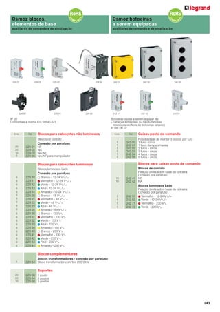 243
Osmoz blocos:
elementos de base
auxiliares de comando e de sinalização
Emb. Ref. Blocos para cabeçotes não luminosos
Blocos de contato
Conexão por parafuso
20 229 01 NF
20 229 02 NA
10 229 03 NA/NF
5 229 56 NA/NF para manipulador
Blocos para cabeçotes luminosos
Blocos luminosos Leds
Conexão por parafuso
5 229 10 Branco - 12-24 VA/=
5 229 11 Vermelho - 12-24 VA/=
5 229 12 Verde - 12-24 VA/=
5 229 13 Azul - 12-24 VA/=
5 229 14 Amarelo - 12-24 VA/=
5 229 20 Branco - 48 VA/=
5 229 21 Vermelho - 48 VA/=
5 229 22 Verde - 48 VA/=
5 229 23 Azul - 48 VA/=
5 229 24 Amarelo - 48 VA/=
5 229 30 Branco - 130 VA
5 229 31 Vermelho - 130 VA
5 229 32 Verde - 130 VA
5 229 33 Azul - 130 VA
5 229 34 Amarelo - 130 VA
5 229 40 Branco - 230 VA
5 229 41 Vermelho - 230 VA
5 229 42 Verde - 230 VA
5 229 43 Azul - 230 VA
5 229 44 Amarelo - 230 VA
Blocos complementares
Blocos transformadores - conexão por parafuso
1 229 54 Bloco transformador com ﬁos 230/24 V
Suportes
20 229 60 1 posto
20 229 64 3 postos
10 229 68 5 postos
IP 20
Conformes à norma IEC 60947-5-1
229 01
229 60 229 64 229 68
229 02 229 42 229 54
Osmoz botoeiras
a serem equipadas
auxiliares de comando e de sinalização
Emb. Ref. Caixas posto de comando
Possibilidade de montar 3 blocos por furo
1 242 00 1 furo - cinza
1 242 01 1 furo - tampa amarela
1 242 02 2 furos - cinza
1 242 03 3 furos - cinza
1 242 04 4 furos - cinza
1 242 05 5 furos - cinza
Blocos para caixas posto de comando
Blocos de contato
Fixação direta sobre base da botoeira
Conexão por parafuso
10 242 41 NF
10 242 42 NA
Blocos luminosos Leds
Fixação direta sobre base da botoeira
Conexão por parafuso
1 242 51 Vermelho - 12-24 VA/=
1 242 52 Verde - 12-24 VA/=
1 242 71 Vermelho - 230 VA
1 242 72 Verde - 230 VA
Botoeiras vazias a serem equipar de:
- cabeças luminosas ou não luminosas
- blocos especíﬁcos às botoeiras (abaixo)
IP 66 - IK 07
242 01 242 02 242 03
242 41 242 42 242 72
 