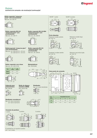 247
Osmoz
auxiliares de comando e de sinalização (continuação)
Botão cogumelo EN 418
“empurrar-puxar” com
encravamento
Não lum. ref. 238 74
Ø40
39,7
Botão cogumelo EN 418 Ø54
“empurrar-puxar” com
encravamento
Não lum. ref. 238 95Ø54
35
Botão cogumelo “empurrar-
puxar” com encravamento
Não lum. ref. 238 76
Ø40
34,2
Botãocogumelo “empurrar-girar”
com encravamento
Não lum. ref. 238 80 Ø A = 32 mm
ref. 238 82 Ø A = 40 mm
Botão cogumelo EN 418
“empurrar-girar” com
encravamento
Não lum. ref. 238 85
Ø40
39,7
ØA
25,7
Botão cogumelo com chave
Não lum. ref. 238 91/92
Ø40
A
B
Manipuladores
Ref. 239 90/96
66,5 70
3635
73
Ref.
A B
(mm) (mm)
238 91 30,7 53,7
238 92 40,8 63,8
Cabeçote para
potenciômetro
Ref. 239 89
22
Ø29,4
Botão de disparo
mecânico (BAM)
Ref. 238 61/66
20,8
Ø29,4
Sinalizador
Ref. 241 60/61/62/63/64
11,3
Ø29,9
Sinalizador monoblocos
Ref. 241 20/21/22/23/24
241 40/41/42/43/44
14,3
1 à 66
44,1
Ø29,8
Ø 20,2
Ø22
Ø29,5
5 postos3 postos
Conexão de parafuso
1 posto
25,519,620,1
43
19,620,1
26
43
64,5
30
É possível ter um suporte 3 postos
em 1 ou 2 níveis
19,620,1
26
46
50
Dim. Quantidade de furos
(mm) 1 2 3 4 5
A 74 107 140 173 206
B 59,5 92,5 125,5 158,5 191,5
Caixa posto de comando
A
3333
47,9
74 M16/20
M16/20
B
Ø 4,5
Ø 14,5
Ø 14,5
Ø 4,5
8
16,5 42,5
37 37
15,45
15,45
25,52121
64,5
NA/NF 3 postosNA/NF 1 posto
26
2121
64,5
30
Porta etiquetas
Redondo modelo estreito
ref. 243 15
30
R 15 4
11,4
Ø 27,7
30
45
24,6
40
R 15 4
11,4
Ø 27,7
30
45
34,6
Redondo modelo largo
ref. 243 16
30
4
11,4
Ø 27,7
30
45
24,6
Quadrado modelo estreito
ref. 243 18
Ø 27,7
30
R 15,9 4,3
11,4
41
56,8
24,6
Redondo para tecla dupla
ref. 243 19
 