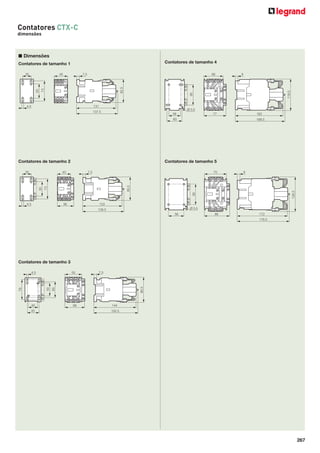 267
Contatores CTX-C
dimensões
■ Dimensões
Contatores de tamanho 1
Contatores de tamanho 2
82.5
45
73
50
35
4.5 131
137.5
7.5
85.5
73
50
35 45
564.5 133
139.5
7.5
Contatores de tamanho 3
60
90.5
79
50
40
4.5
45
66 144
150.5
55 7.5
Contatores de tamanho 4
Contatores de tamanho 5
118.5
90
56
60
77 162
168.5
66 9
Ø 5.5
90
128.5
56 86 172
178.5
75 9
Ø 5.5
 