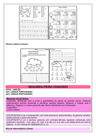 Alunos críticos e fracos:
SEGUNDA-FEIRA 25/04/2022
HTPA – INGLÊS
AA1- LÍNGUA PORTUGUESA
AA1- LÍNGUA PORTUGUESA
Momento Inicial/ Rotina
-Chamada. Apresentar para a turma a quantidades de alunos de quantos somos. Observar
coletivamente quantos presentes e identificar quantos faltaram. Observar e indagar qual a
diferença. Registrar no nosso painel de sala. Breve relembrada dos combinados.
-Calendário
-Leitura deleite.
(CG.EF02LP26.s) Ler e compreender, com certa autonomia, textos literários, de gêneros variados,
desenvolvendo o gosto pela leitura.
(CG.EF03LP01.s) Ler e escrever palavras com correspondências regulares contextuais entre
grafemas e fonemas – c/qu; g/gu; r/rr; s/ss; o (e não u) e e (e não i) em sílaba átona em final de
palavra – e com marcas de nasalidade (til, m, n).
Alunos intermediário e fortes:
 