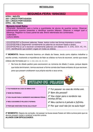 METODOLOGIA
SEGUNDA-FEIRA 18/04/2022
HTPA – INGLÊS
AA1- LÍNGUA PORTUGUESA
AA1- LÍNGUA PORTUGUESA
HTPA – ED. FÍSICA
(CG.EF02LP07.s) Escrever palavras, frases, textos curtos nas formas imprensa e cursiva.
(CG.EF02LP08.s) Segmentar corretamente as palavras ao escrever frases e textos.
(CG.EF03LP02.s) Ler e escrever corretamente palavras com sílabas CV, V, CVC, CCV, VC, VV,
CVV, identificando que existem vogais em todas as sílabas.
1º MOMENTO: Nesse momento faremos um ditado de frases, tendo como objetivo trabalhar a
escrita correta, mostrando a importância de falar as sílabas na hora de escrever, sendo que essas
sílabas são formadas por CV, V, CVC, CCV, VC, VV, CVV.
 Na hora do ditado pedirei para escreverem os números do ditado 2 vezes, porque depois
que todos terminarem, iremos escrever a forma correta das frases embaixo do que escrever,
para que possam analisarem sua própria escrita e seus erros.
2º MOMENTO: Depois da correção, irei passar na lousa essas frases em letra cursiva para que os
alunos possam copiar e praticar a escrita cursiva.
ALUNOS COM DIFICULDADES:
Momento Inicial/ Rotina
-Chamada. Apresentar para a turma a quantidades de alunos de quantos somos. Observar
coletivamente quantos presentes e identificar quantos faltaram. Observar e indagar qual a
diferença. Registrar no nosso painel de sala. Breve relembrada dos combinados.
-Calendário
-Leitura deleite.
1º FUI PASSEAR NA CASA DA MINHA AVÓ.
2º BOM DIA PESSOAL!
3º VOU VIAJAR PARA O NORDESTE NAS MINHAS FÉRIAS.
4º MEU CACHORRO É PELUDO E FOFINHO.
5º POR QUE VOCÊ NÃO FOI NA AULA HOJE?
1º Fui passear na casa da minha avó.
2º Bom dia pessoal!
3º Vou viajar para o nordeste nas
minhas férias.
4º Meu cachorro é peludo e fofinho.
5º Por que você não foi na aula hoje?
 