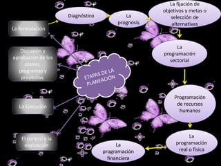 Diagnóstico La
prognosis
La fijación de
objetivos y metas o
selección de
alternativas
La
programación
sectorial
Programación
de recursos
humanos
La
programación
real o física
La
programación
financiera
La formulación
Discusión y
aprobación de los
planes,
programas y
proyectos.
La Ejecución
El control y la
evaluación
 