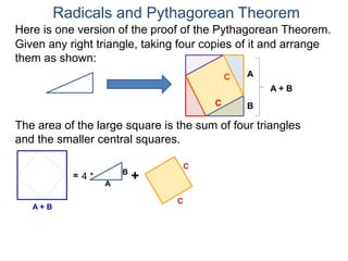 Here is one version of the proof of the Pythagorean Theorem.
Radicals and Pythagorean Theorem
A
B
The area of the large square is the sum of four triangles
and the smaller central squares.
Given any right triangle, taking four copies of it and arrange
them as shown:
C
A + B
=
A
B
4 * +
C
C
C
A + B
 