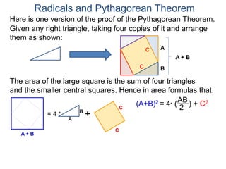 Here is one version of the proof of the Pythagorean Theorem.
Radicals and Pythagorean Theorem
A
B
The area of the large square is the sum of four triangles
and the smaller central squares. Hence in area formulas that:
Given any right triangle, taking four copies of it and arrange
them as shown:
C
A + B
=
A
B
4 * +
C
C
C
A + B
(A+B)2 = 4* (
AB
2
) + C2
 