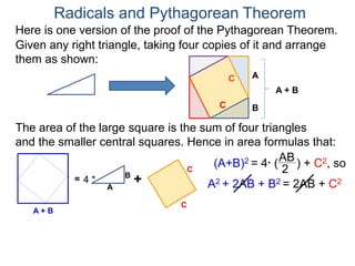 Here is one version of the proof of the Pythagorean Theorem.
Radicals and Pythagorean Theorem
A
B
The area of the large square is the sum of four triangles
and the smaller central squares. Hence in area formulas that:
Given any right triangle, taking four copies of it and arrange
them as shown:
C
A + B
=
A
B
4 * +
C
C
C
A + B
(A+B)2 = 4* (
AB
2
) + C2, so
A2 + 2AB + B2 = 2AB + C2
 