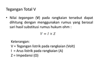 Tegangan Total V
• Nilai tegangan (V) pada rangkaian tersebut dapat
dihitung dengan menggunakan rumus yang berasal
sari hasil substitusi rumus hukum ohm :
Keterangan:
V = Tegangan listrik pada rangkaian (Volt)
I = Arus listrik pada rangkaian (A)
Z = Impedansi (Ω)
 