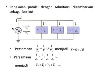 • Rangkaian paralel dengan Admitansi digambarkan
sebagai berikut :
• Persamaan menjadi
1 1 1
T T
j
Z R X
 
Y G j B 
1 2 3
1 1 1 1
..
TZ Z Z Z
   • Persamaan
menjadi 1 2 3 ...TY Y Y Y   
 