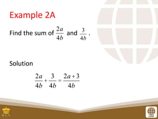 Example 2A
Find the sum of and .
Solution
2a
4b
3
4b
2a
4b
+
3
4b
=
2a+3
4b
 