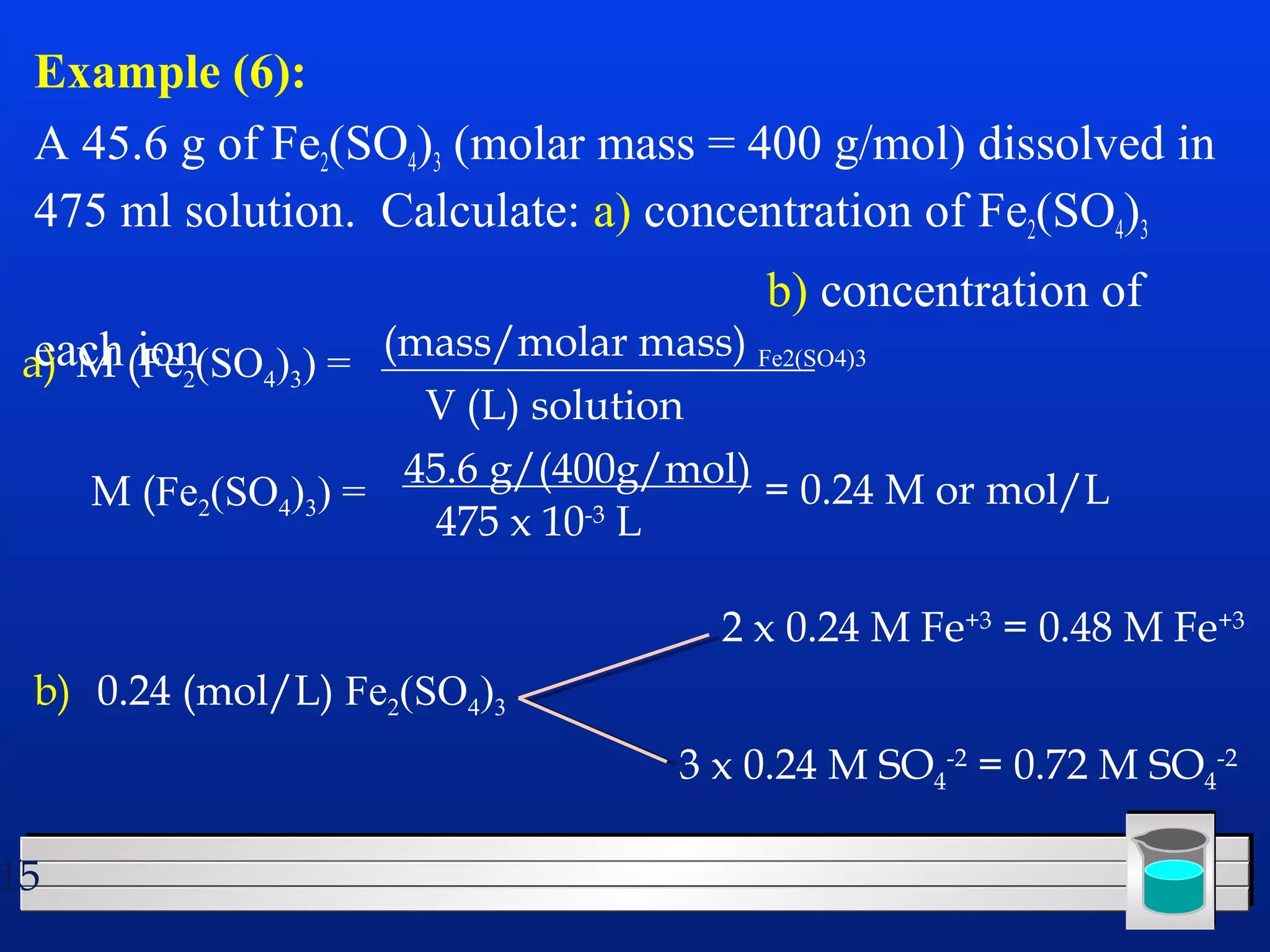 Example (6): 
A 45.6 g of Fe2(SO4)3 (molar mass = 400 g/mol) dissolved in 
475 ml solution. Calculate: a) concentration of Fe2(SO4)3 
15 
b) concentration of 
eaMch (iFoen 2(SO4)3) = (mass/molar mass) Fe2(SO4)3 
V (L) solution 
M (Fe2(SO4)3) = 45.6 g/(400g/mol) 
475 x 10-3 L 
= 0.24 M or mol/L 
0.24 (mol/L) Fe2(SO4)3 
2 x 0.24 M Fe+3 = 0.48 M Fe+3 
3 x 0.24 M SO4 
-2 = 0.72 M SO4 
-2 
a) 
b) 
 