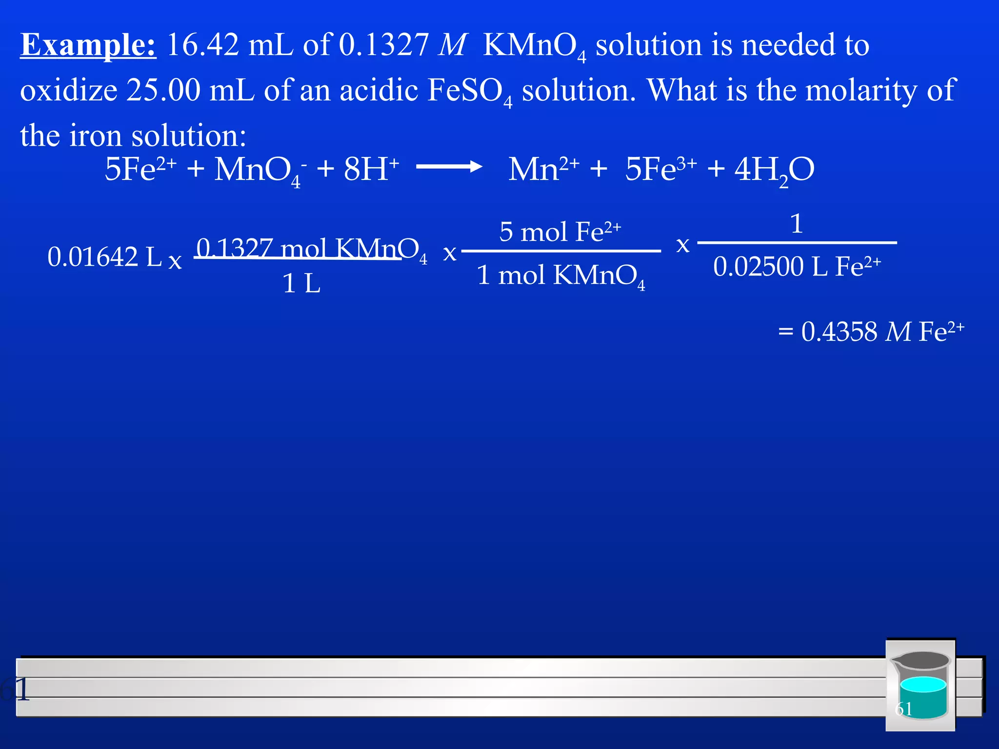 Example: 16.42 mL of 0.1327 M KMnO4 solution is needed to 
oxidize 25.00 mL of an acidic FeSO4 solution. What is the molarity of 
the iron solution: 
5Fe2+ + MnO4 
- + 8H+ Mn2+ + 5Fe3+ + 4H2O 
0.01642 L 0.1327 mol KMnOx 
4 
1 L 
x 
5 mol Fe2+ 
1 mol KMnO4 
x 
1 
0.02500 L Fe2+ 
= 0.4358 M Fe2+ 
61 61 
